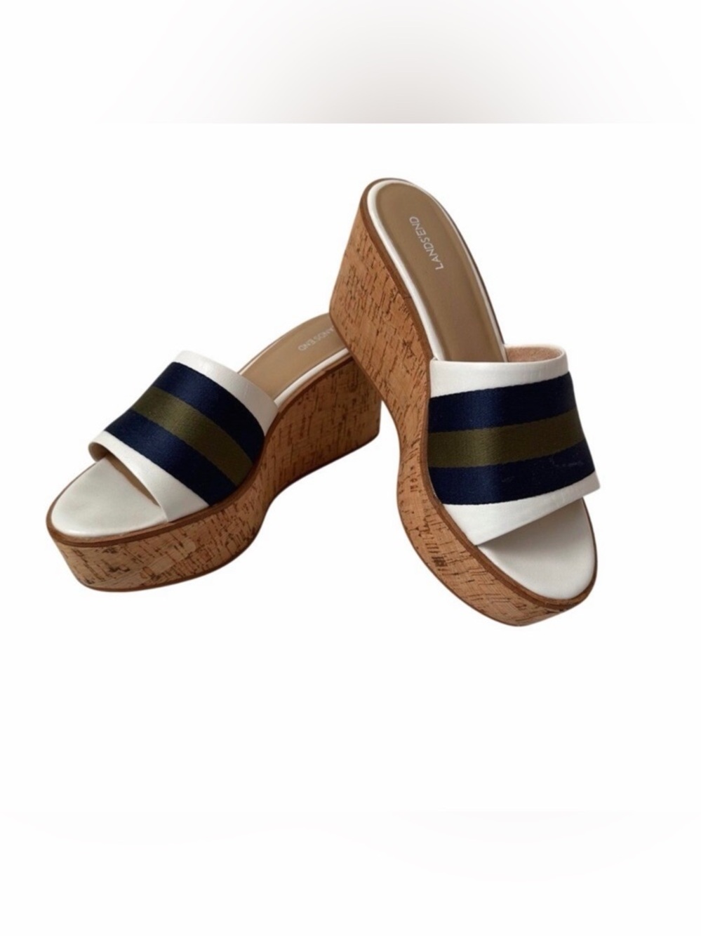 Lands End Women's Cork Wedge Heel Sandals‎ Slip On White Blue Green Nautical 7